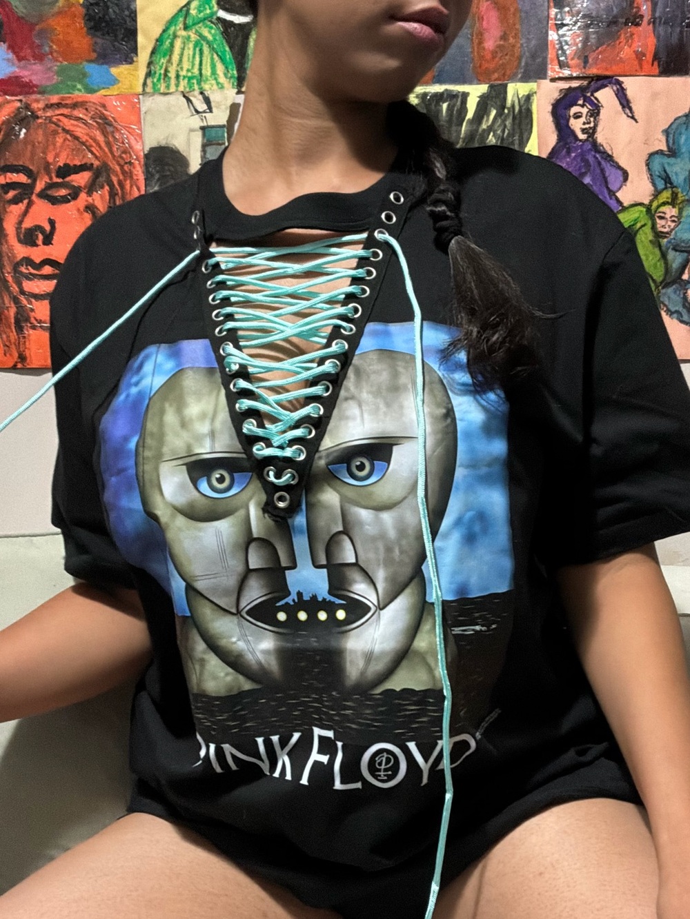 Pink Floyd Black Graphic Tee with Teal Lace-Up Detail
